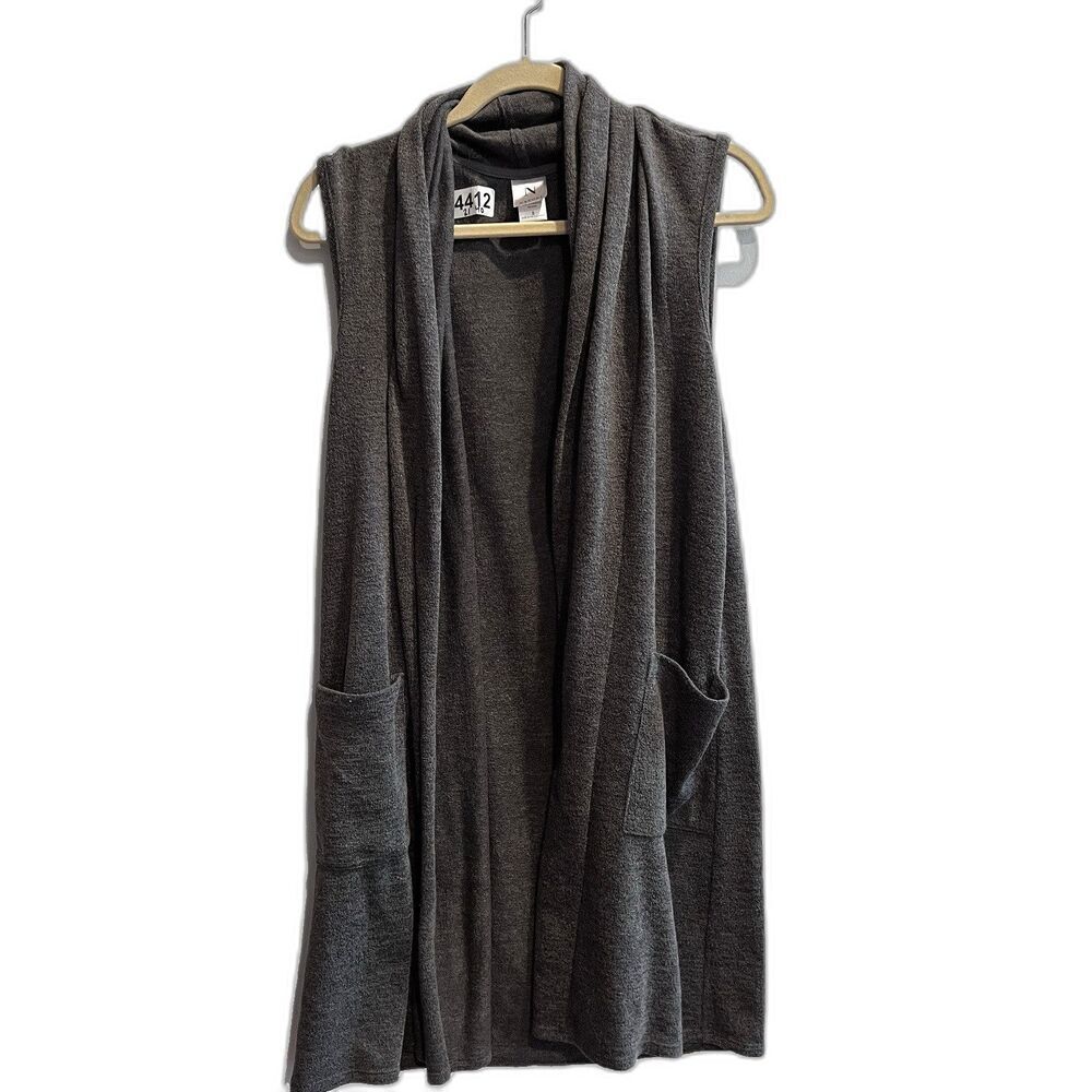 Natori Gray Long Line Cardigan Sleeveless Vest Small Classic Pockets Layering